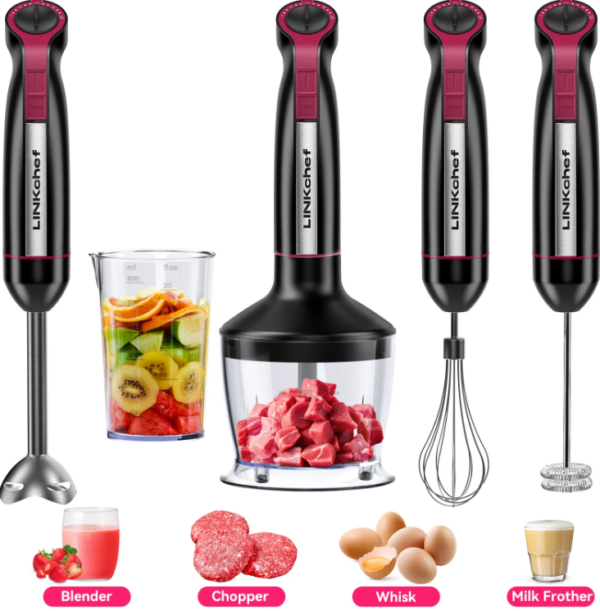 LINKChef Immersion Blender, 20-Speed 1000W 5-in-1 Immersion Hand Blender, Stick Blender with Turbo Mode, Baby Food Processor with Chopper, Blender for Kitchen with 600ml Beaker (Black)