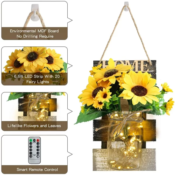 Rirool Sunflower Mason Jar Lights, Rustic Farmhouse Wall Decor Artificial Flowers LED Fairy Lights for Home Table Dining Room Living Room Kitchen Garden (Set of 2) - Image 3