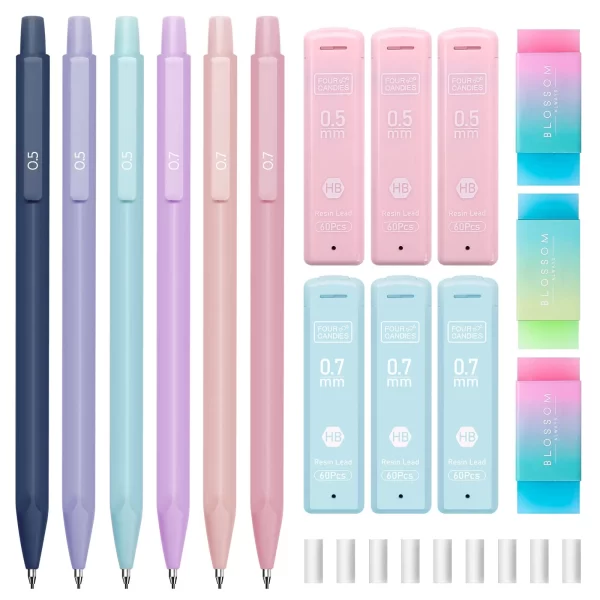 Four Candies Cute Mechanical Pencils, 6PCS Pastel Mechanical Pencils in 0.5mm & 0.7mm, with 360PCS Pencil Leads, 3PCS Erasers and 9PCS Refills, Aesthetic Mechanical Pencil Set for Drawing & Writing