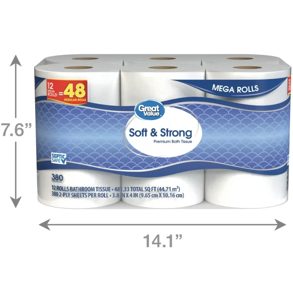 Great Value Soft & Strong Premium Toilet Paper, 12 Mega Rolls - Image 4