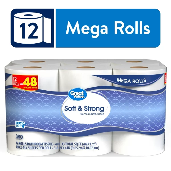 Great Value Soft & Strong Premium Toilet Paper, 12 Mega Rolls - Image 2