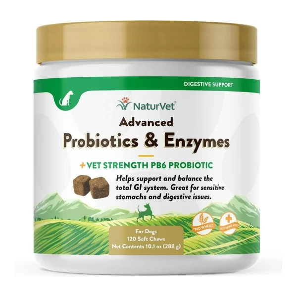 NaturVet Advanced Dog Probiotics & Enzymes, Vet Strength Gut Health Supplement, for Healthy Dogs, 120 Soft Chews