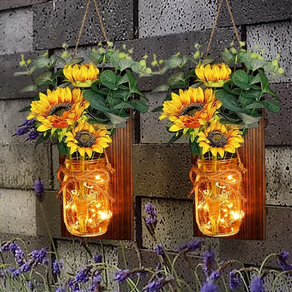 Rirool Sunflower Mason Jar Lights, Rustic Farmhouse Wall Decor Artificial Flowers LED Fairy Lights for Home Table Dining Room Living Room Kitchen Garden (Set of 2)