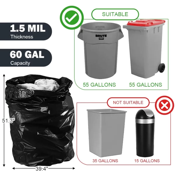 55 Gallon Trash Bags, Heavy Duty Outdoor Garbage Bags (50 Count) for Waste, Lawn and Leaf ,1.5 Mil - Image 6