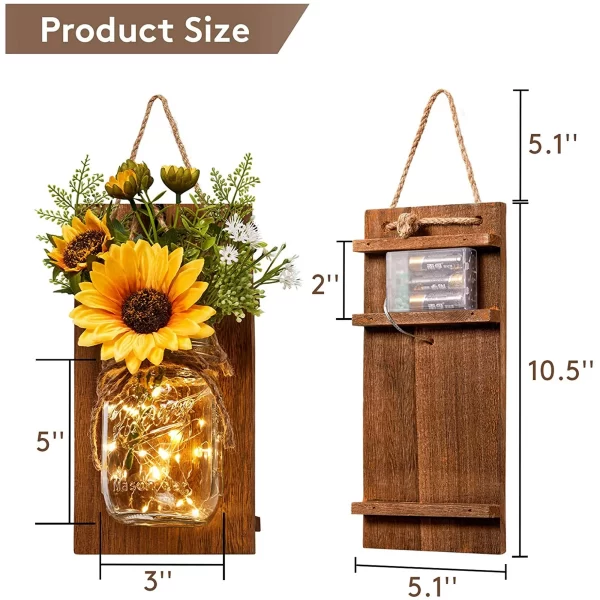 Rirool Sunflower Mason Jar Lights, Rustic Farmhouse Wall Decor Artificial Flowers LED Fairy Lights for Home Table Dining Room Living Room Kitchen Garden (Set of 2) - Image 2