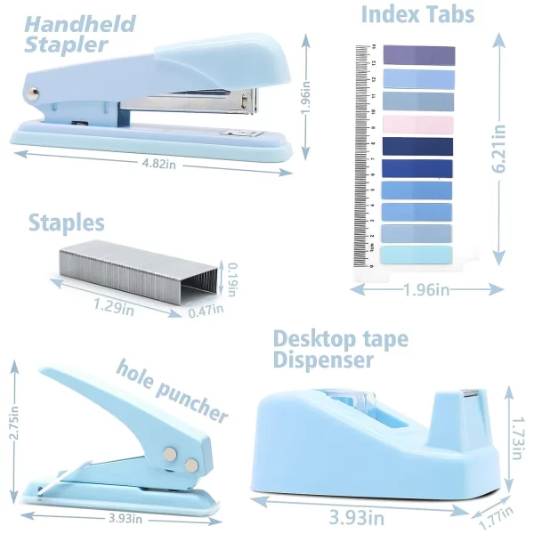 Blue Office Supplies, Desk Organizers and Accessories Office Supplies with Stapler, Tape Dispenser, Staple Remover, Staples, Clips, Hole Punch and Tabs - Image 3